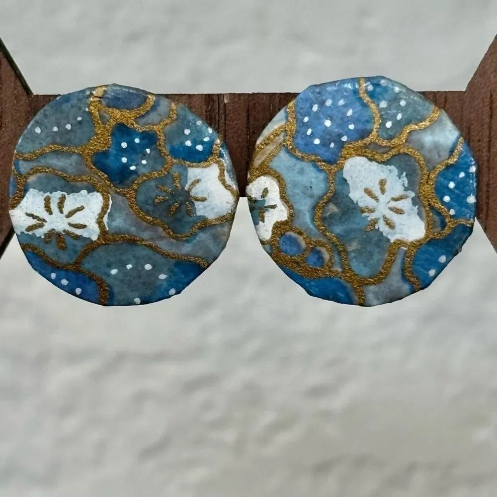 Blue hand painted round floral earrings